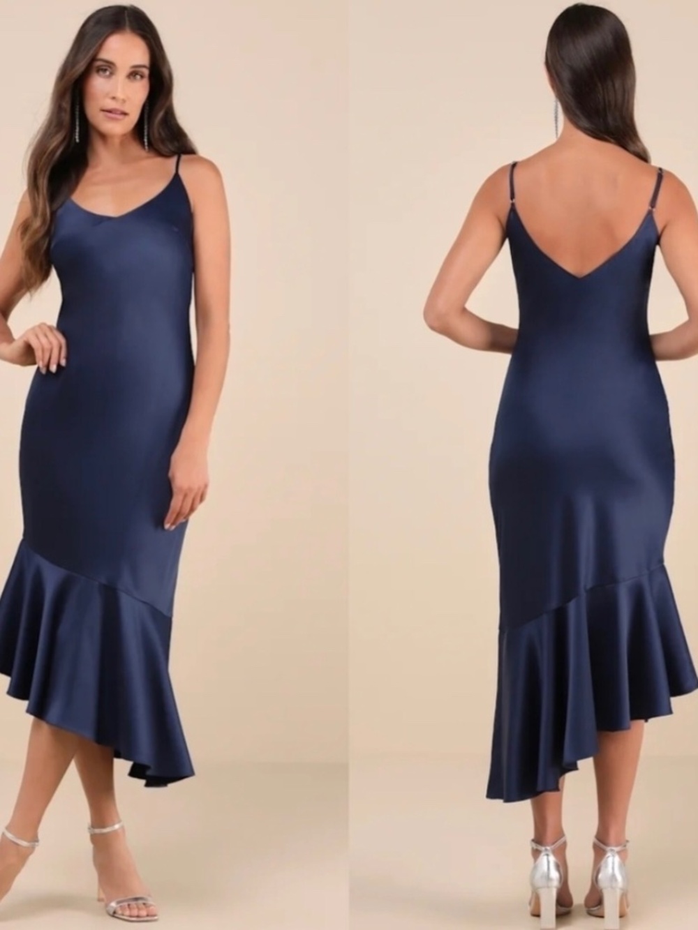 Lulus Strictly Romance Navy Satin Asymmetrical Tiered Midi Dress M Wedding Party